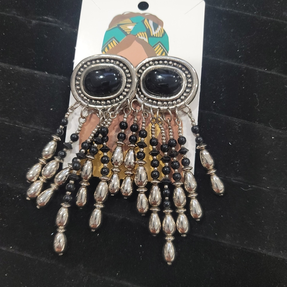 Boho Black & silver tone post native long drip drop dangle chandelier earrings